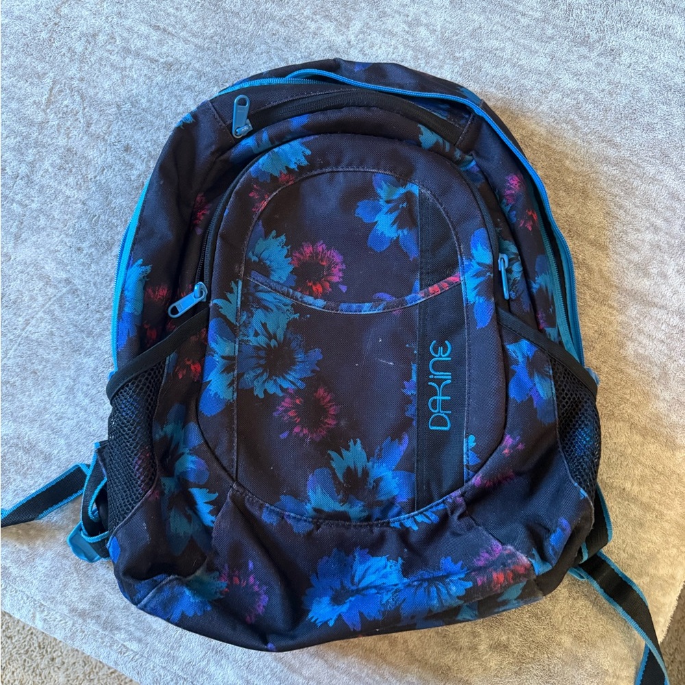 Dakine Black Backpack with Blue and Teal Floral Accents